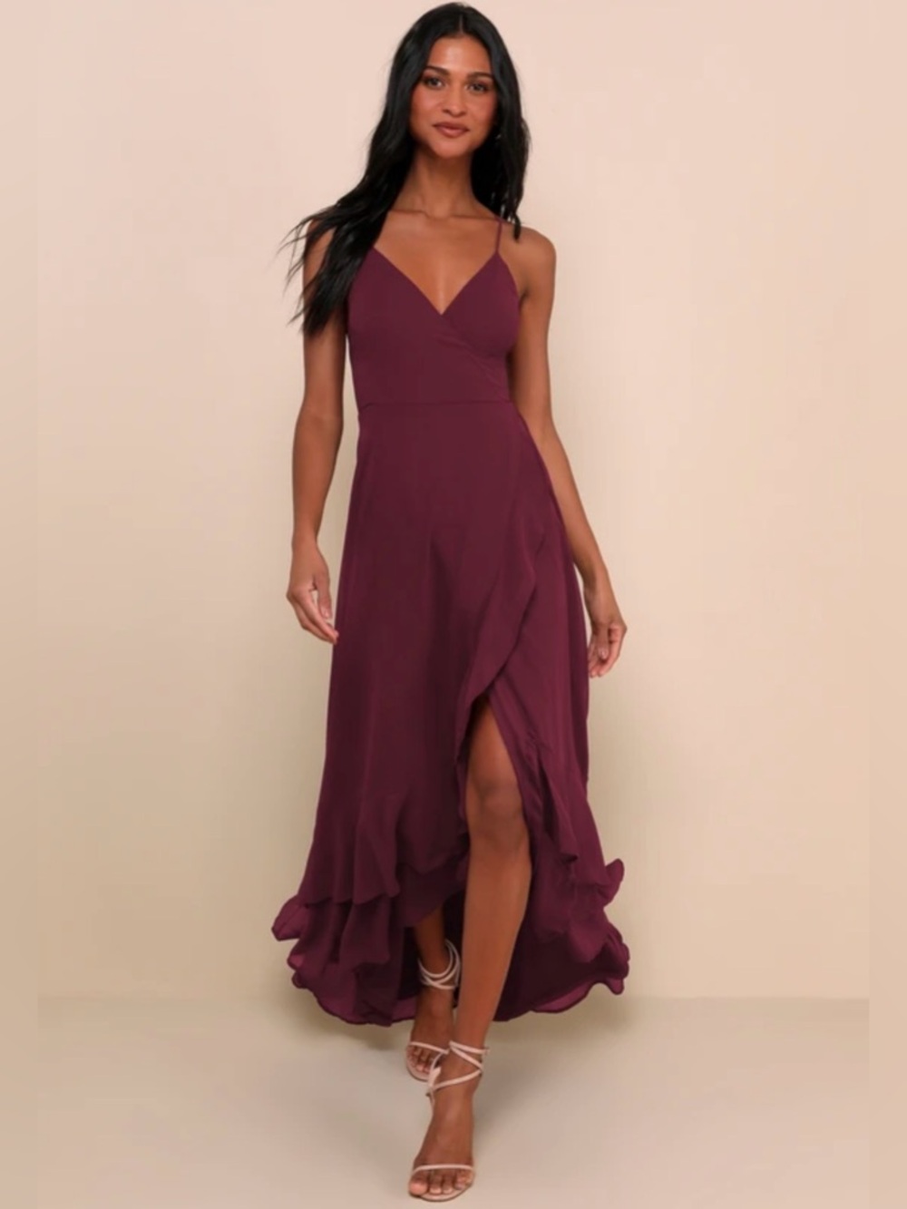 Lulu's Plum Ruffle-Hem Spaghetti Strap Maxi Dress - Picture 5 of 10